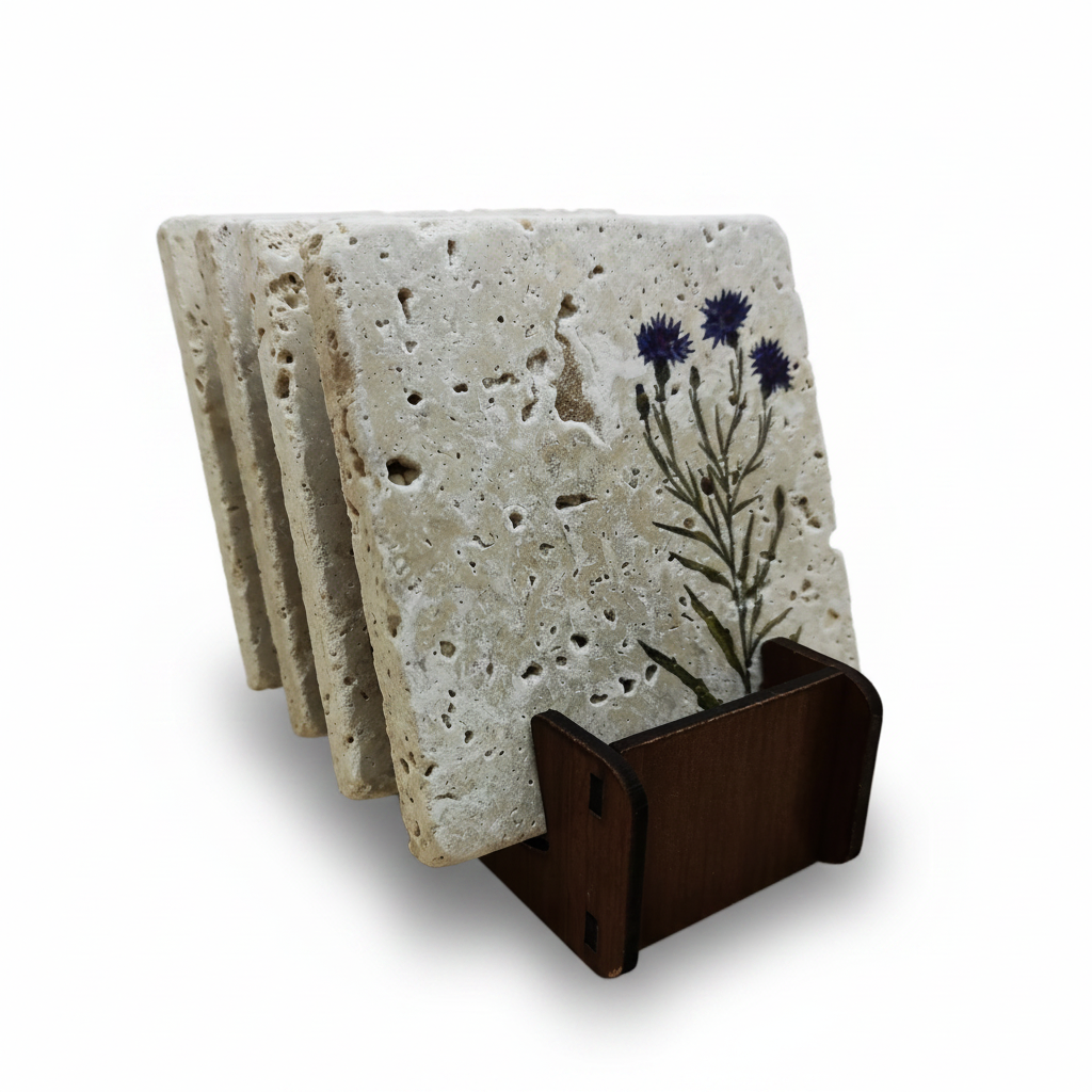 Floral – Doğal Taş Bardak Altlığı 4'lü Set