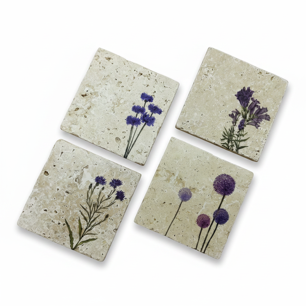 Floral – Doğal Taş Bardak Altlığı 4'lü Set