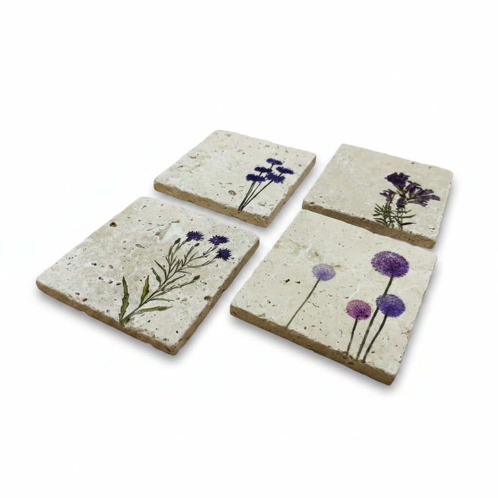 Floral – Doğal Taş Bardak Altlığı 4'lü Set