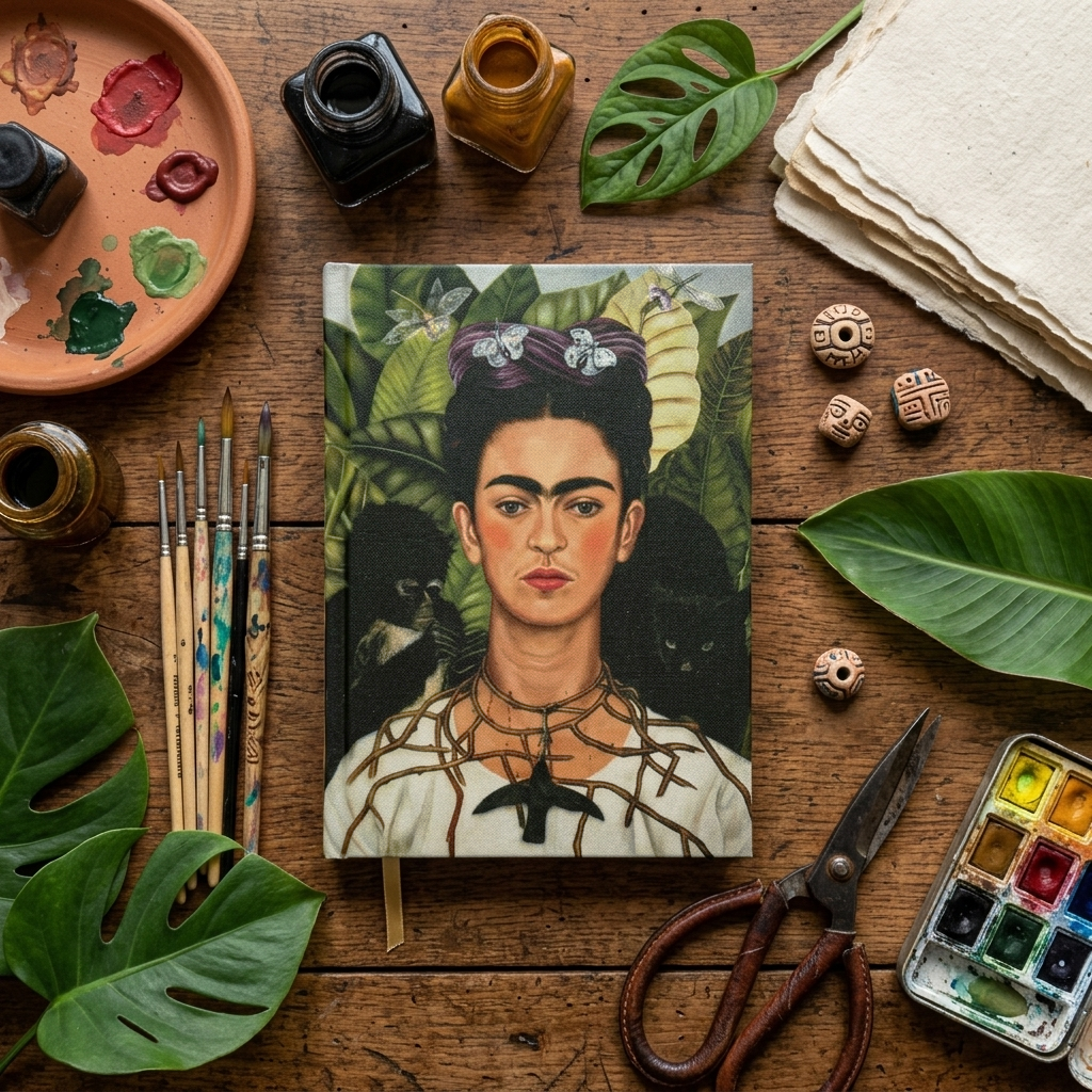 Frida Kahlo – Dikenli Kolyeli Otoportre (Self-Portrait with Thorn Necklace) Kumaş Kapaklı Defter 14x20 cm – görsel 2