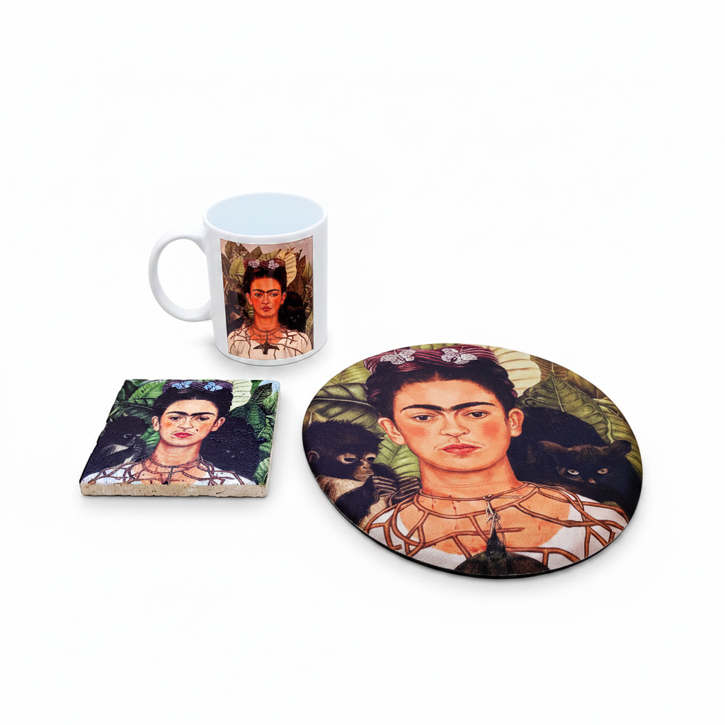 Frida Kahlo – Dikenli Kolyeli Otoportre (Self-Portrait with Thorn Necklace) Kupa, Mouse Pad ve Bardak Altlığı Seti