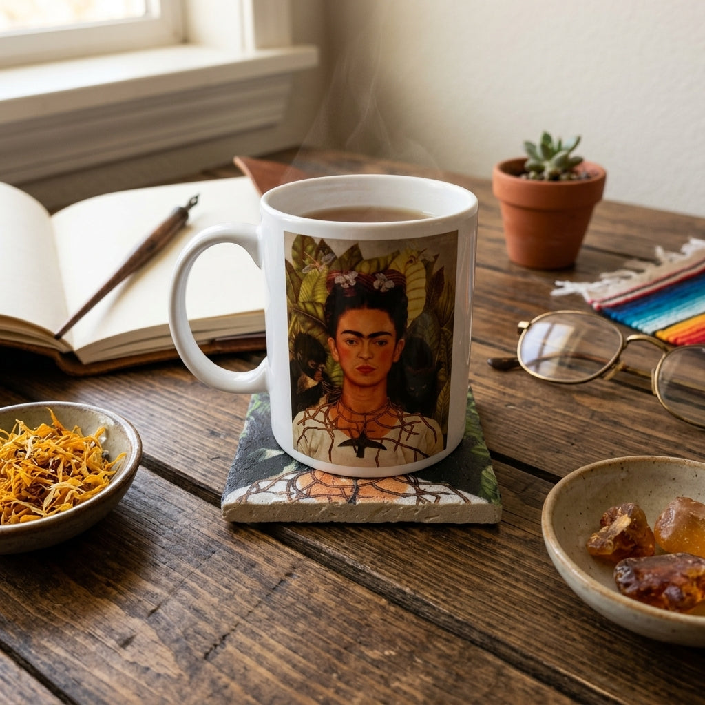 Frida Kahlo – Dikenli Kolyeli Otoportre (Self-Portrait with Thorn Necklace) Kupa ve Bardak Altlığı Seti – görsel 4