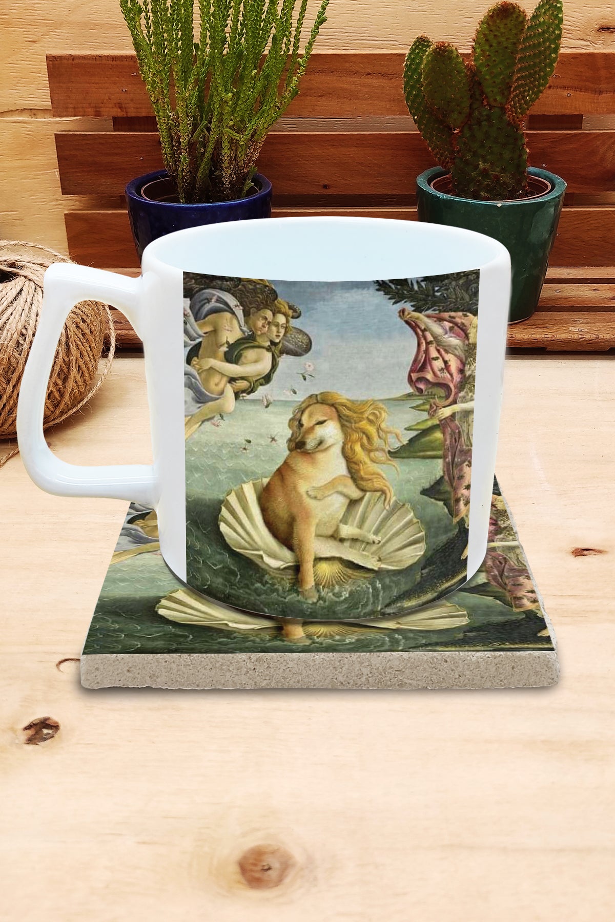 Hayvanlar ve Sanat – Botticelli Venüs'ün Doğuşu (The Birth of Venus) Yelken Kulplu Kupa ve Bardak Altlığı Seti – görsel 2