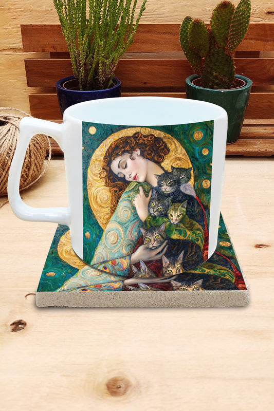 Kediler – İllüstrasyon 4 Yelken Kulplu Kupa ve Bardak Altlığı Seti – görsel 2
