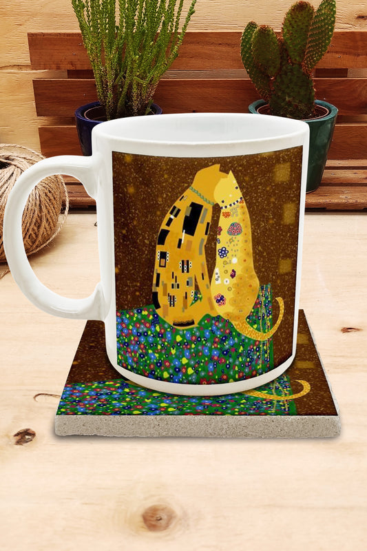 Kediler ve Sanat – Âşık Kediler, Klimt Öpücük (The Kiss) Kupa ve Bardak Altlığı Seti – görsel 2