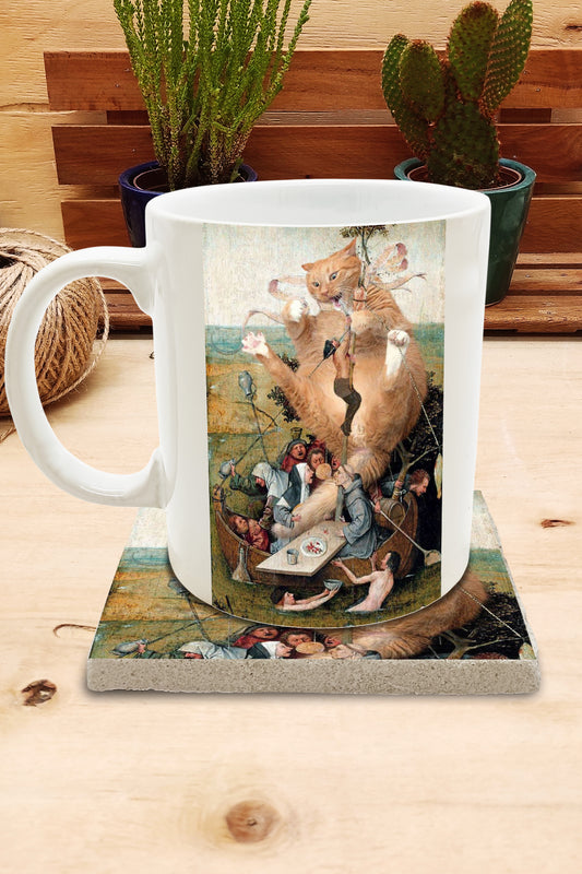Kediler ve Sanat – Bosch Aptallar Gemisi (Ship of Fools) Kupa ve Bardak Altlığı Seti – görsel 2