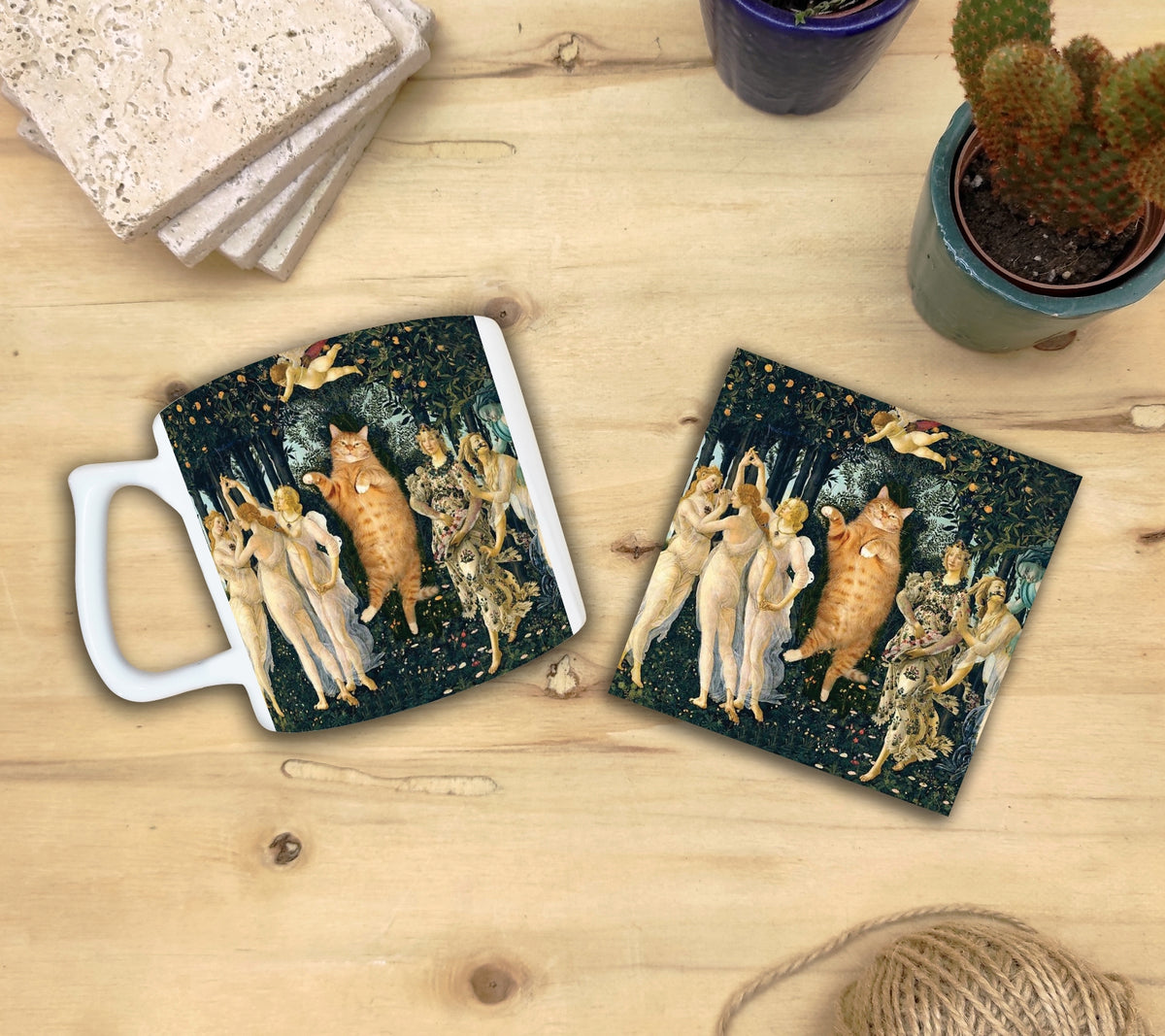 Kediler ve Sanat – Botticelli Primavera Yelken Kulplu Kupa ve Bardak Altlığı Seti