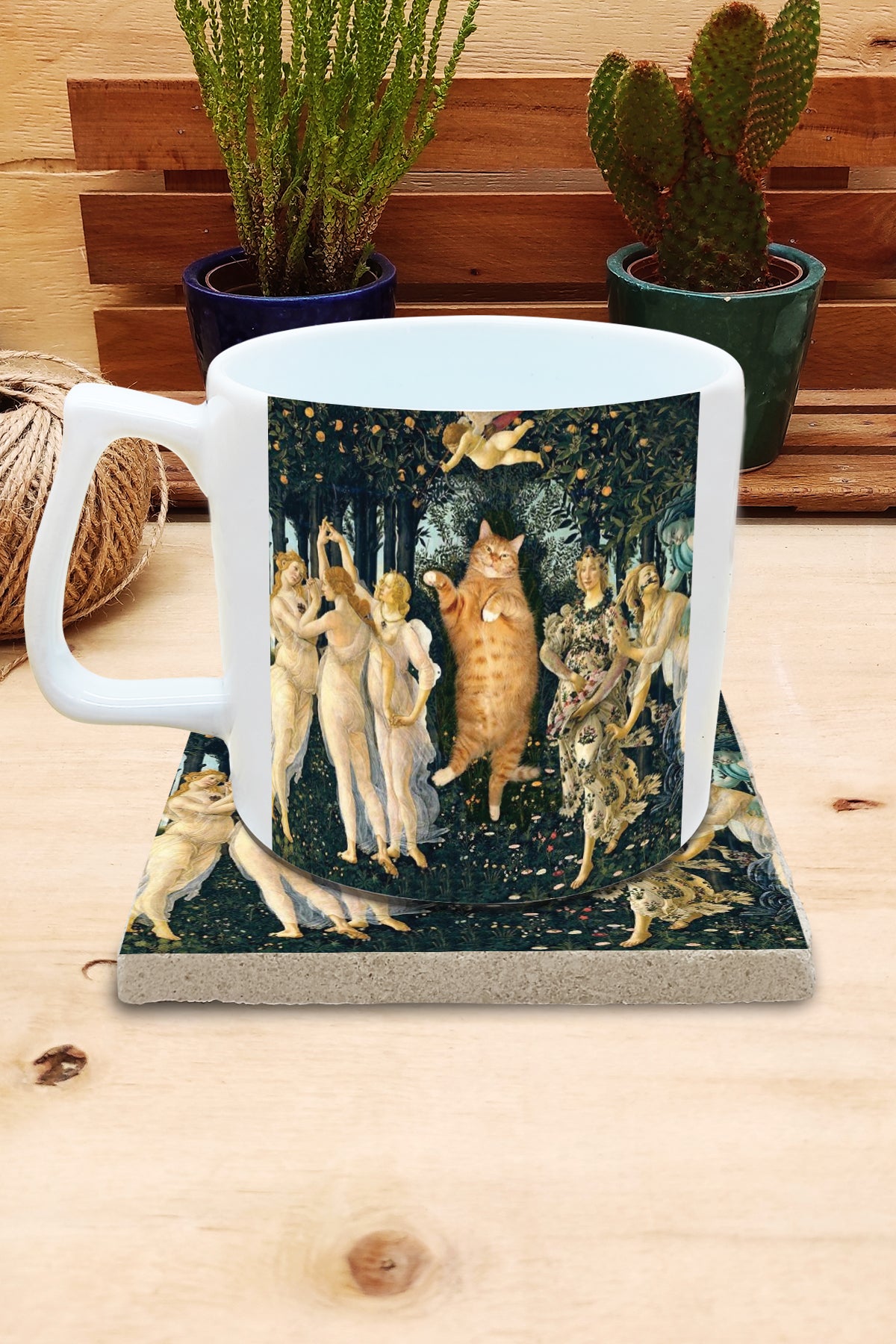 Kediler ve Sanat – Botticelli Primavera Yelken Kulplu Kupa ve Bardak Altlığı Seti – görsel 2