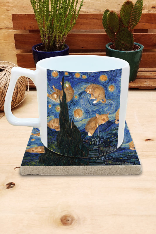 Kediler ve Sanat – Gökyüzündeki Turuncu Kediler, Van Gogh Yıldızlı Gece (The Starry Night) Yelken Kulplu Kupa ve Bardak Altlığı Seti – görsel 2