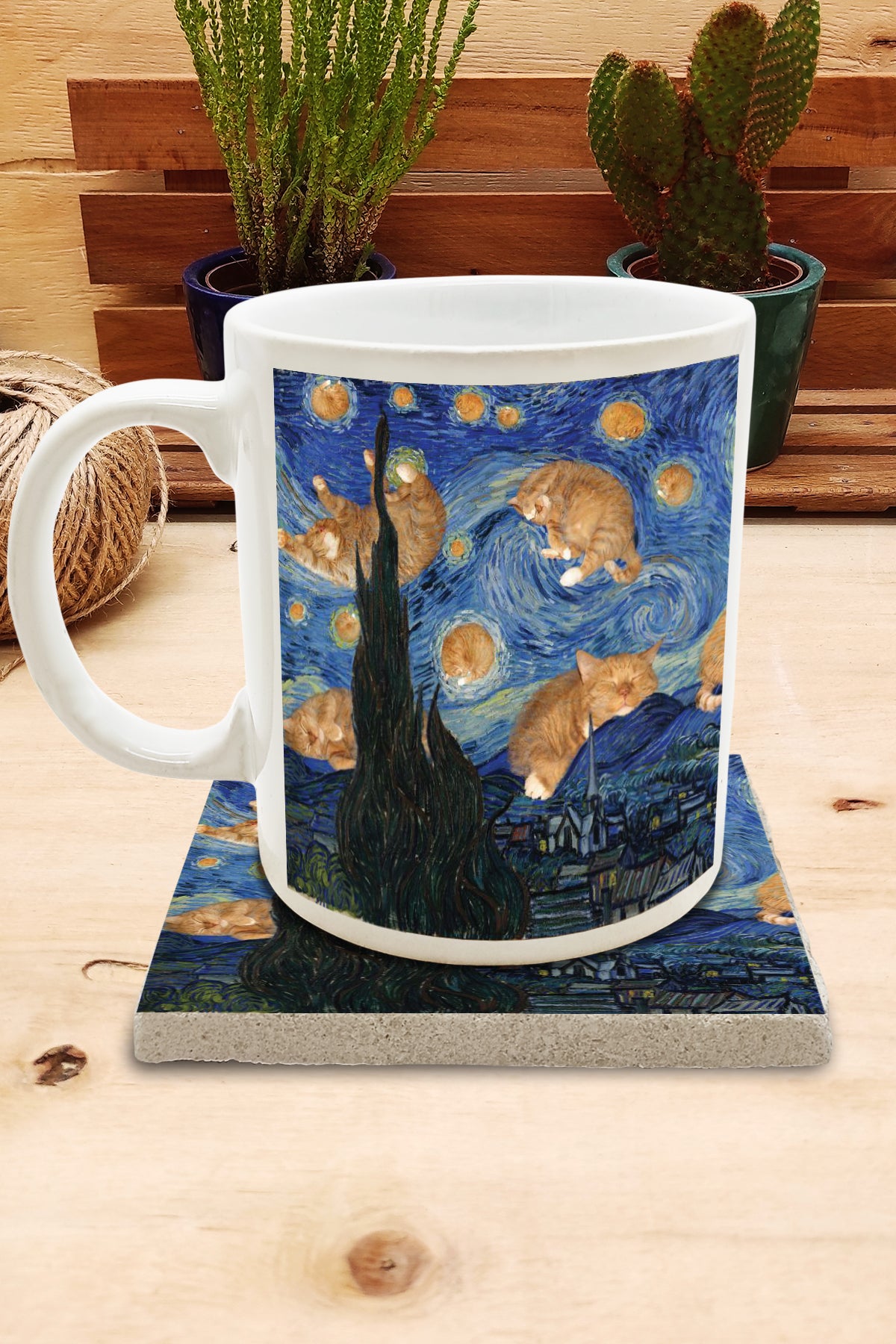 Kediler ve Sanat – Gökyüzündeki Turuncu Kediler, Van Gogh Yıldızlı Gece (The Starry Night) Kupa ve Bardak Altlığı Seti – görsel 2