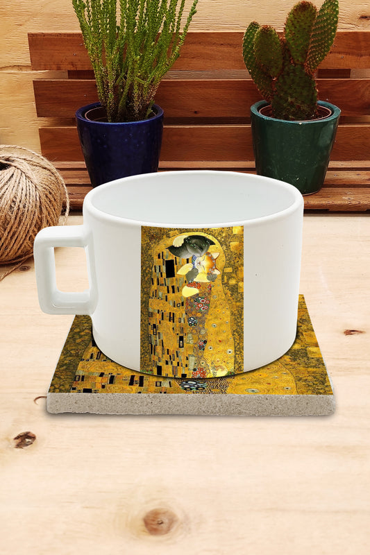 Kediler ve Sanat – Gri Kedi, Klimt Öpücük (The Kiss) Çay/Kahve Fincanı ve Bardak Altlığı Seti – görsel 2