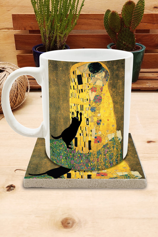 Kediler ve Sanat – Kara Kedi, Klimt Öpücük (The Kiss) Kupa ve Bardak Altlığı Seti – görsel 2
