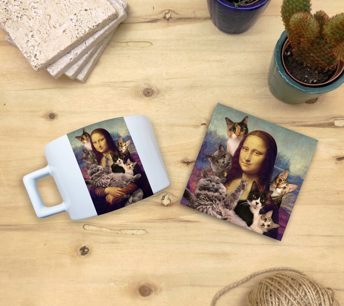 Kediler ve Sanat – Kedi Sürüsü, Da Vinci Mona Lisa Çay/Kahve Fincanı ve Bardak Altlığı Seti