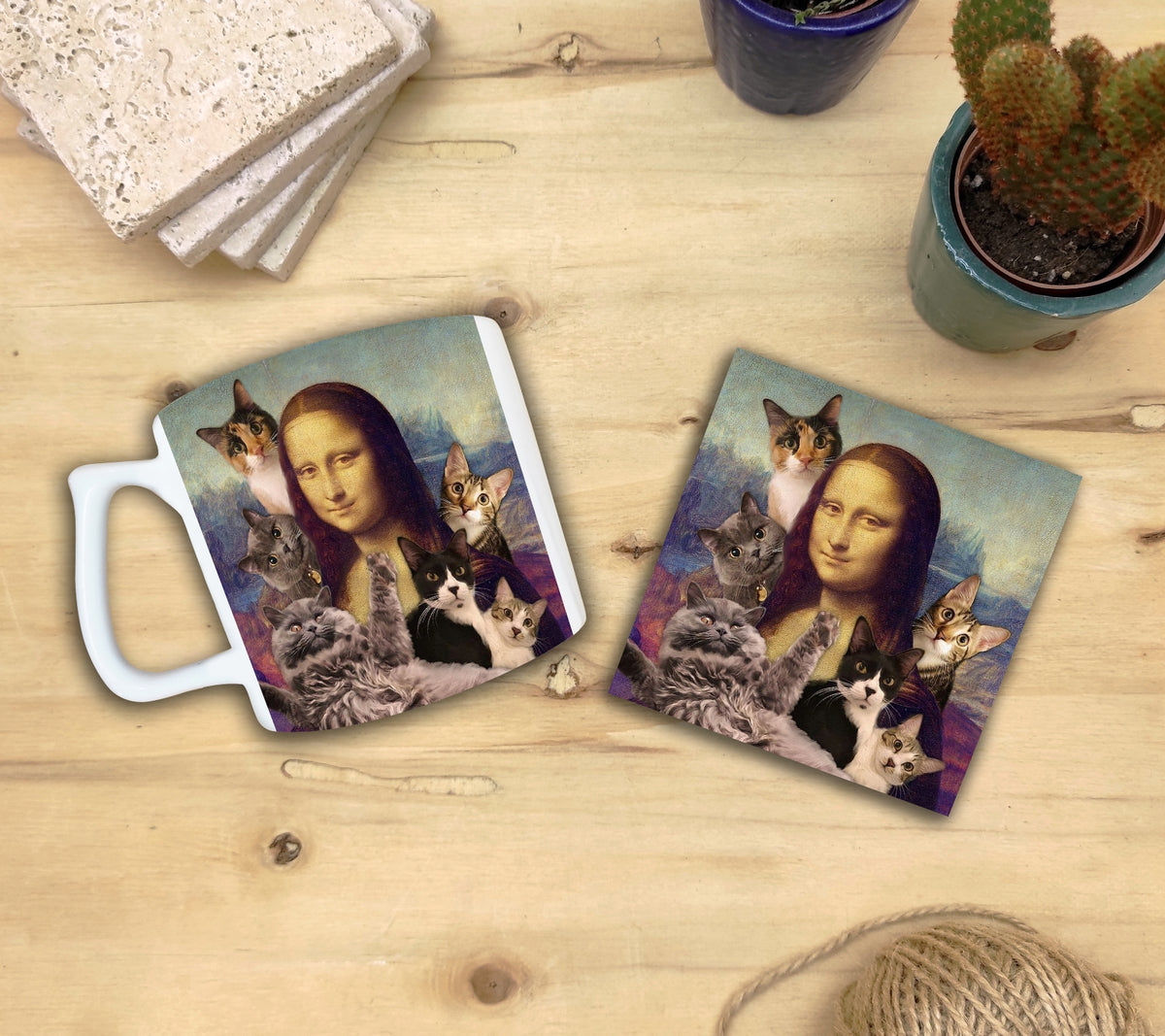 Kediler ve Sanat – Kedi Sürüsü, Da Vinci Mona Lisa Yelken Kulplu Kupa ve Bardak Altlığı Seti