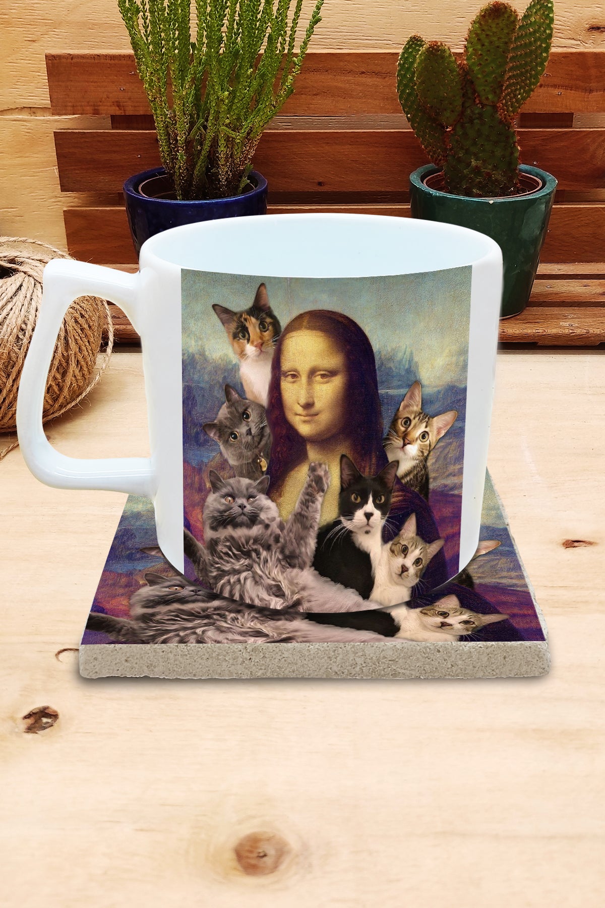 Kediler ve Sanat – Kedi Sürüsü, Da Vinci Mona Lisa Yelken Kulplu Kupa ve Bardak Altlığı Seti – görsel 2