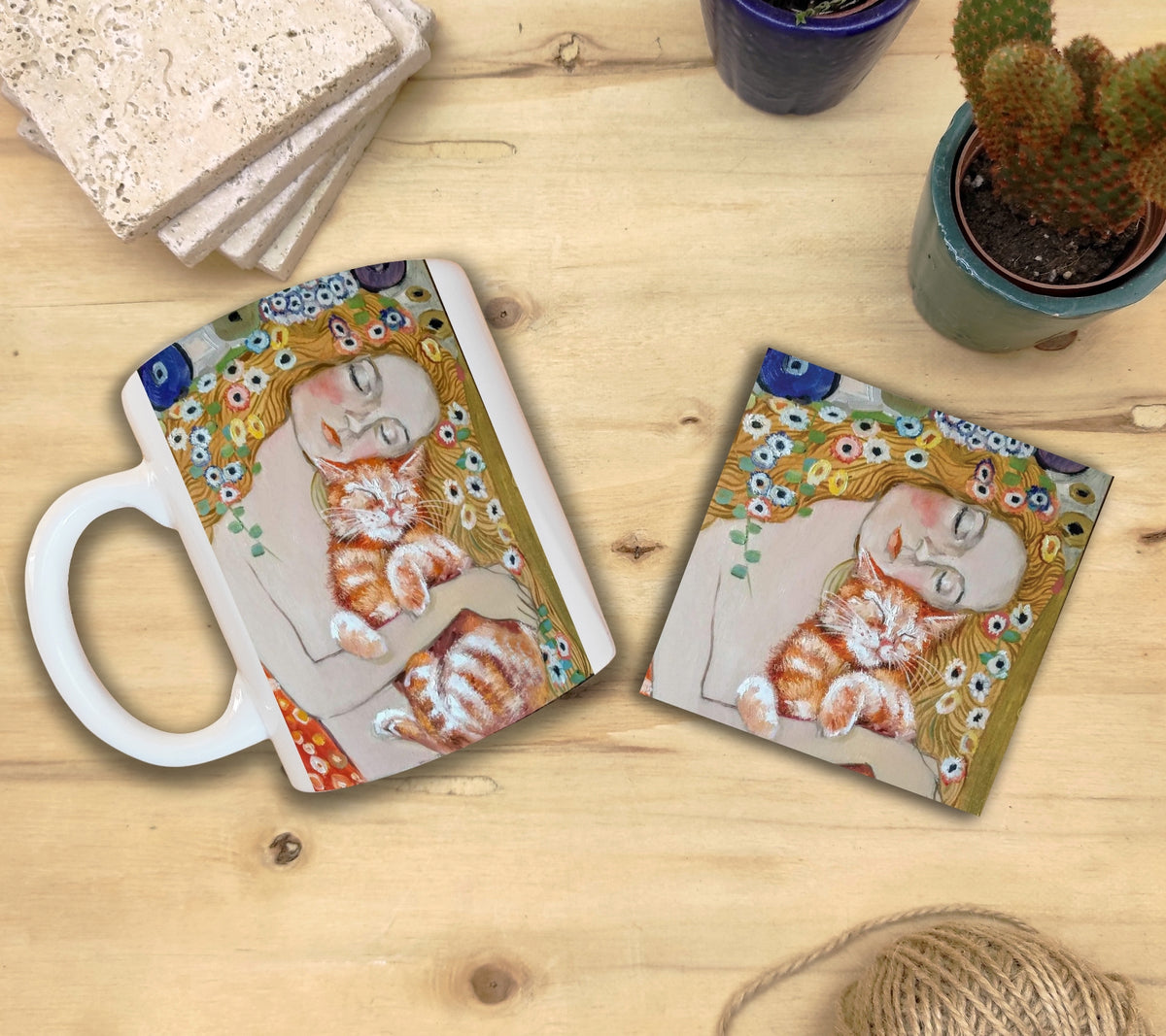 Kediler ve Sanat – Klimt Danae Kupa ve Bardak Altlığı Seti