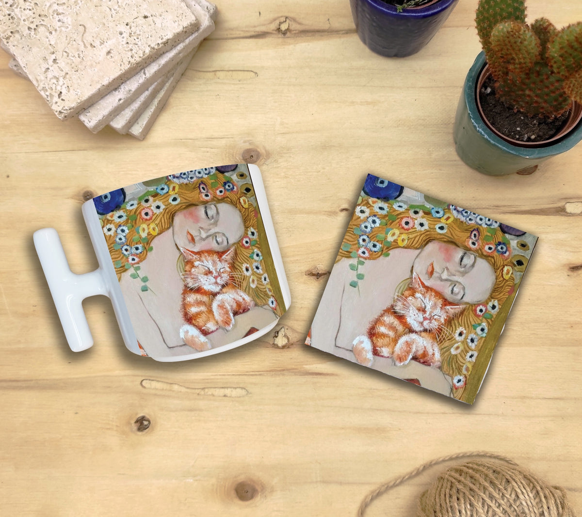 Kediler ve Sanat – Klimt Danae T Kulplu Kupa ve Bardak Altlığı Seti