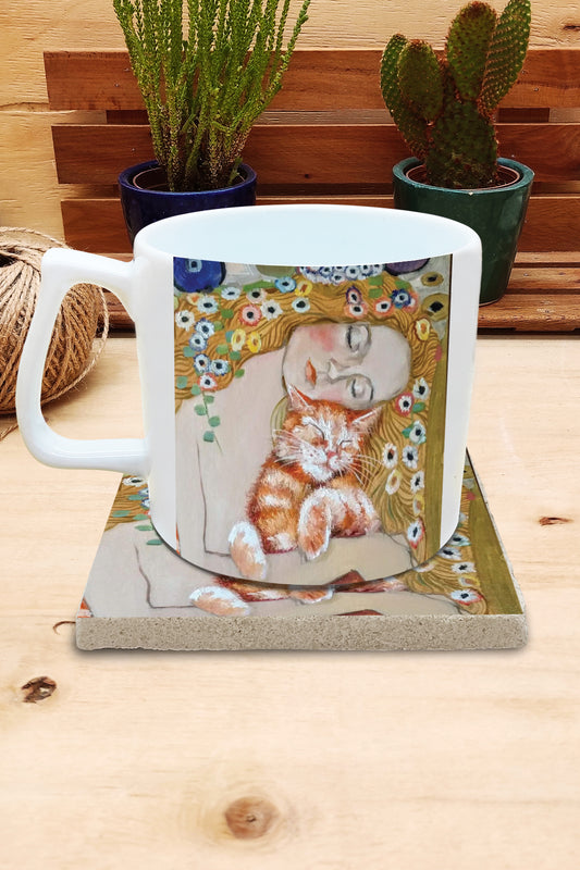 Kediler ve Sanat – Klimt Danae Yelken Kulplu Kupa ve Bardak Altlığı Seti – görsel 2