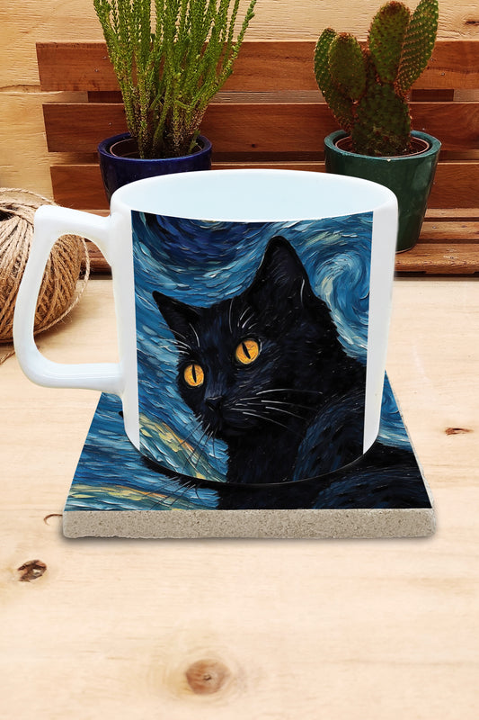 Kediler ve Sanat – Sarı Gözlü Kara Kedi, Van Gogh Yıldızlı Gece (The Starry Night) Yelken Kulplu Kupa ve Bardak Altlığı Seti – görsel 2