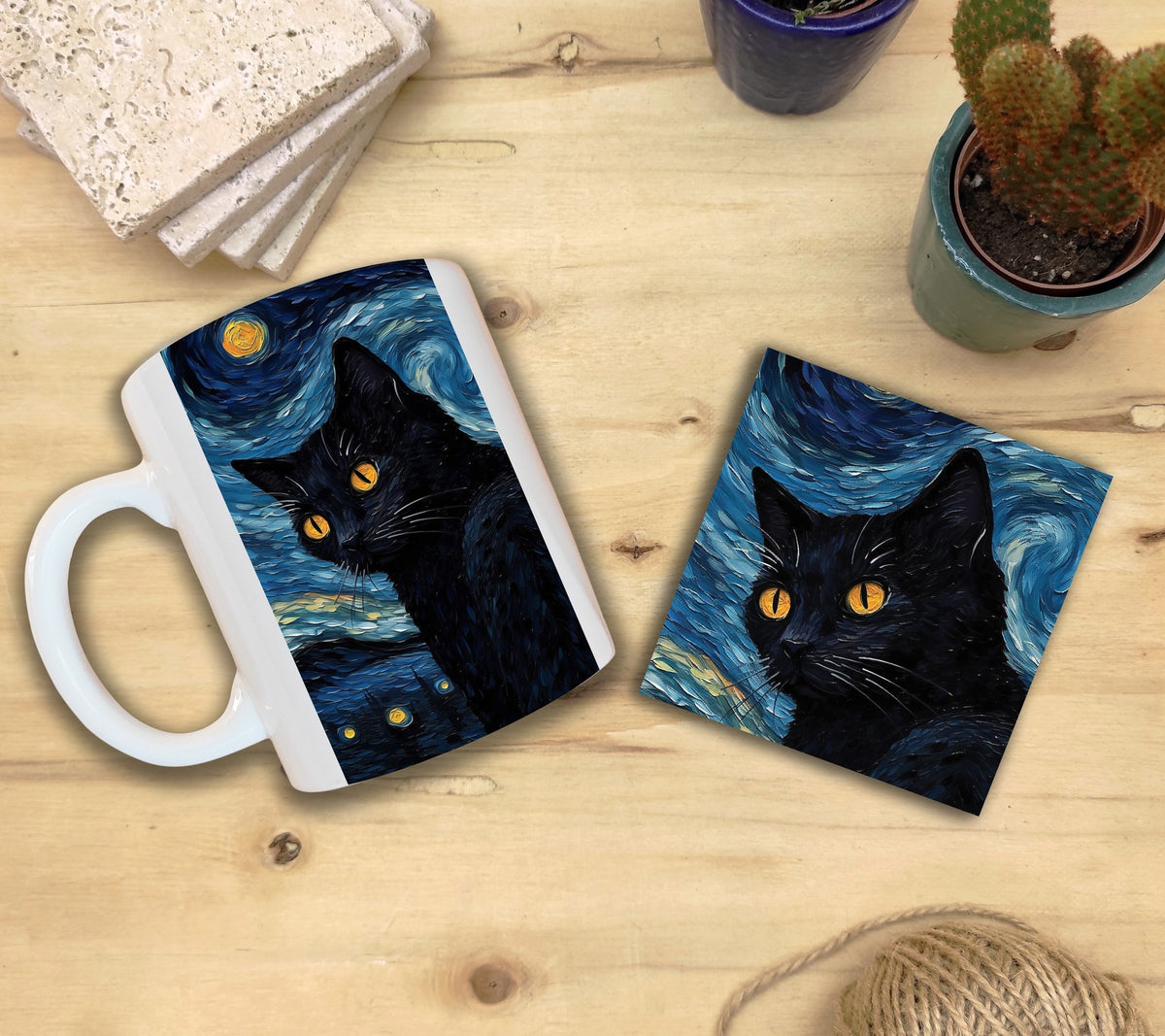 Kediler ve Sanat – Sarı Gözlü Kara Kedi, Van Gogh Yıldızlı Gece (The Starry Night) Kupa ve Bardak Altlığı Seti
