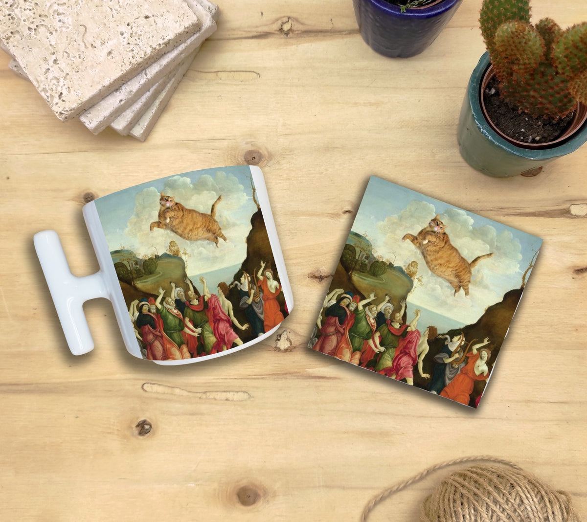 Kediler ve Sanat – Sarı Kedi T Kulplu Kupa ve Bardak Altlığı Seti