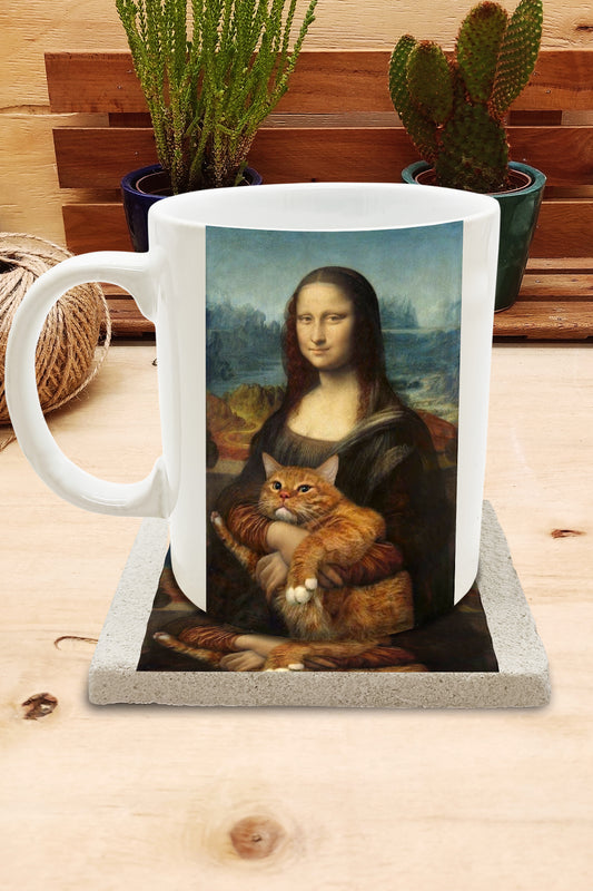 Kediler ve Sanat – Turuncu Kedi, Da Vinci Mona Lisa Kupa ve Bardak Altlığı Seti – görsel 2