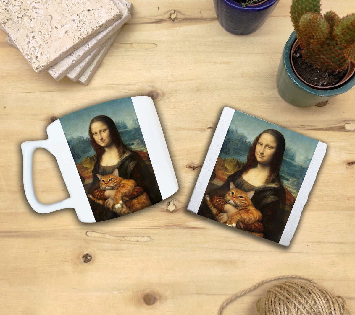 Kediler ve Sanat – Turuncu Kedi, Da Vinci Mona Lisa Yelken Kulplu Kupa ve Bardak Altlığı Seti