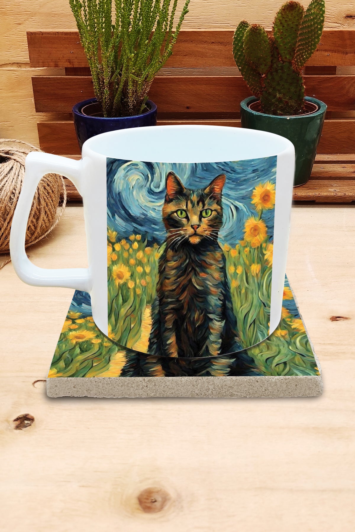 Kediler ve Sanat – Van Gogh Ayçiçekleri (Sunflowers) Yelken Kulplu Kupa ve Bardak Altlığı Seti – görsel 2