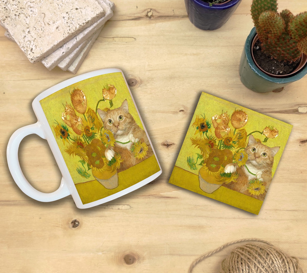 Kediler ve Sanat – Van Gogh Ayçiçekli Vazo (Vase with Sunflowers) Kupa ve Bardak Altlığı Seti