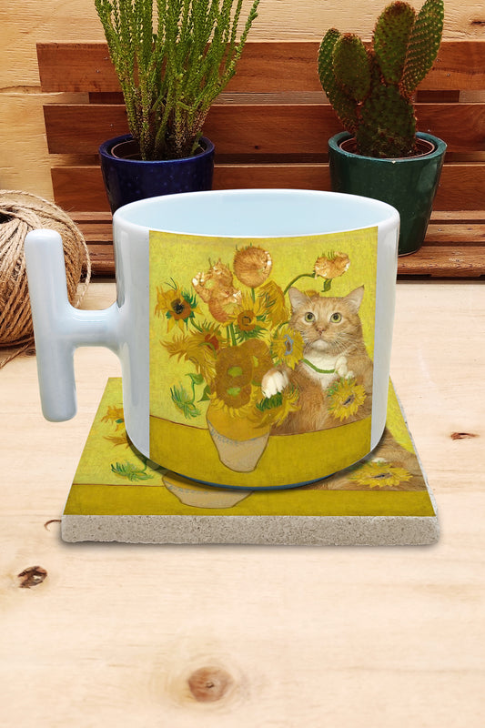 Kediler ve Sanat – Van Gogh Ayçiçekli Vazo (Vase with Sunflowers) T Kulplu Kupa ve Bardak Altlığı Seti – görsel 2