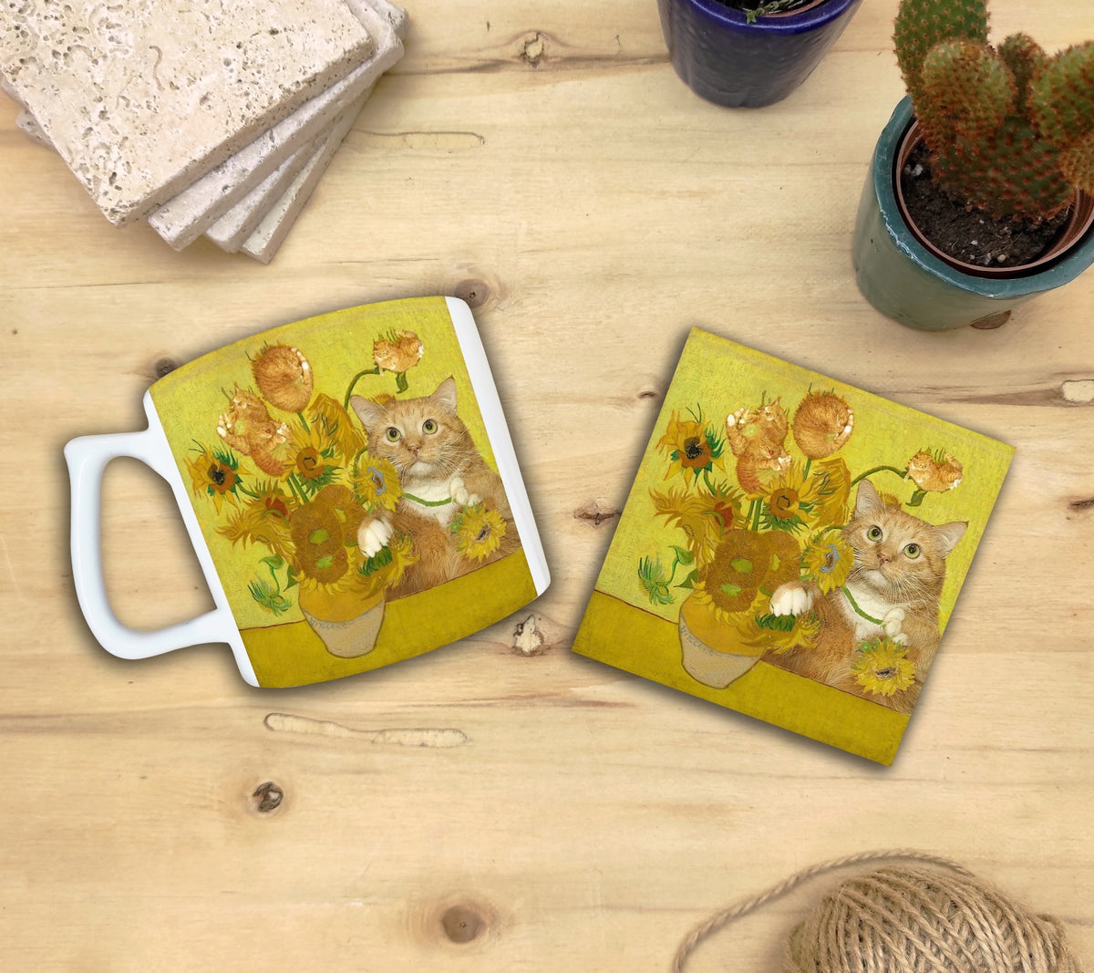 Kediler ve Sanat – Van Gogh Ayçiçekli Vazo (Vase with Sunflowers) Yelken Kulplu Kupa ve Bardak Altlığı Seti