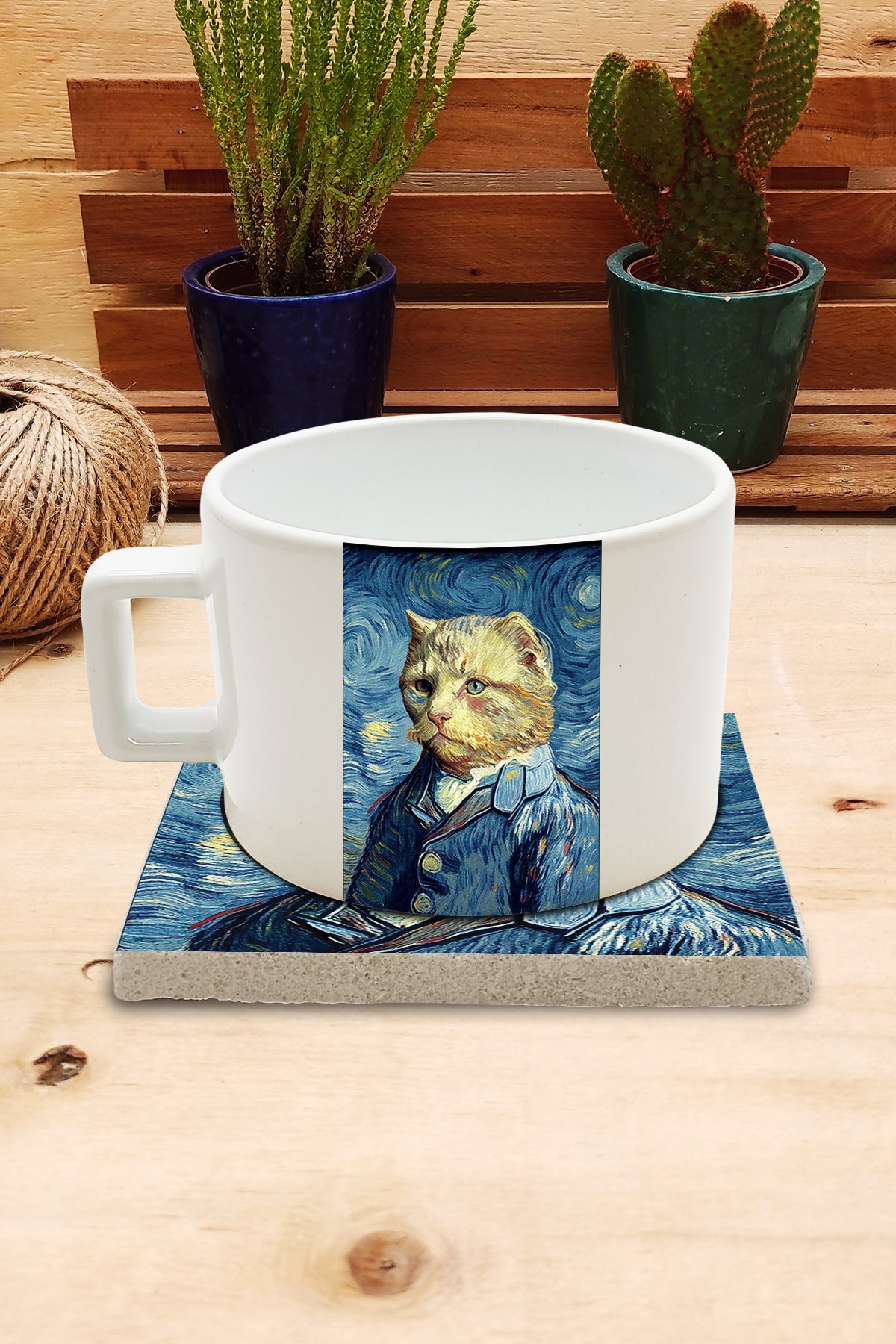 Kediler ve Sanat – Van Gogh Otoportre (Self-Portrait) Çay/Kahve Fincanı ve Bardak Altlığı Seti – görsel 2