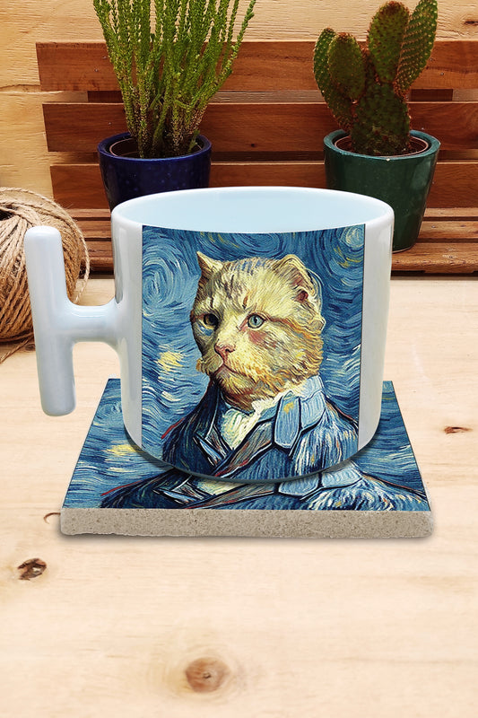 Kediler ve Sanat – Van Gogh Otoportre (Self-Portrait) T Kulplu Kupa ve Bardak Altlığı Seti – görsel 2