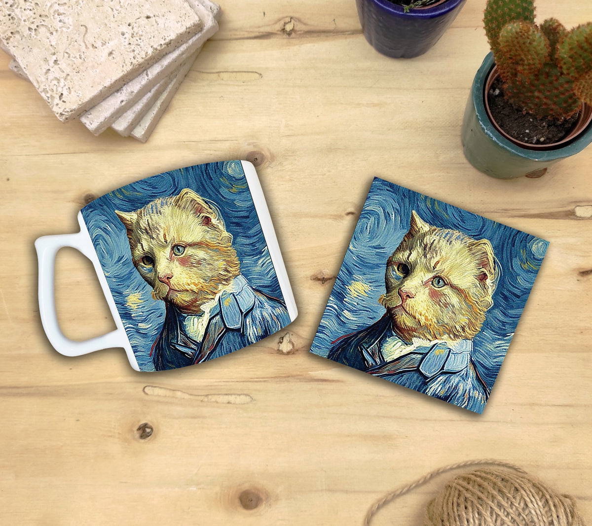 Kediler ve Sanat – Van Gogh Otoportre (Self-Portrait) Yelken Kulplu Kupa ve Bardak Altlığı Seti