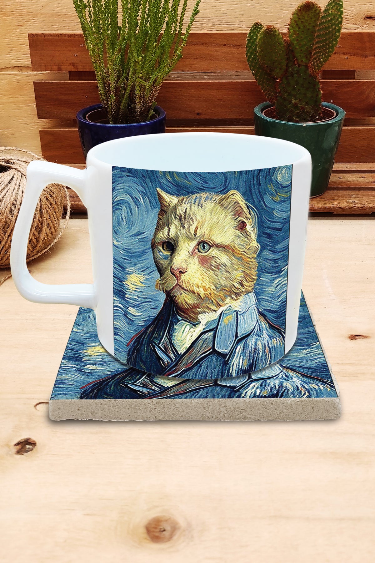 Kediler ve Sanat – Van Gogh Otoportre (Self-Portrait) Yelken Kulplu Kupa ve Bardak Altlığı Seti – görsel 2