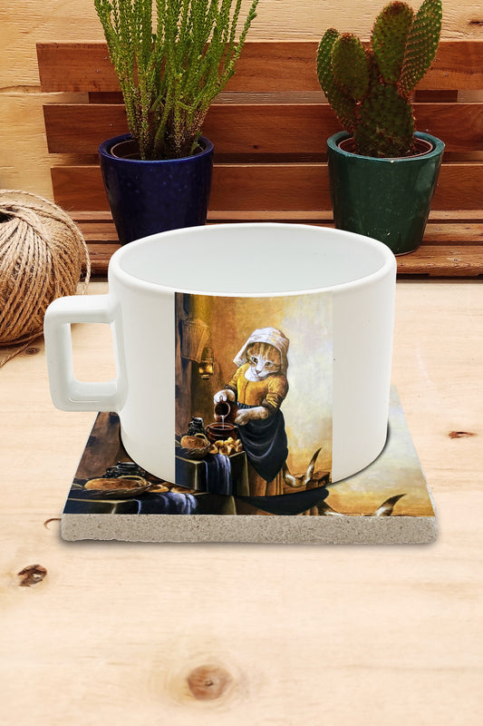 Kediler ve Sanat – Vermeer Sütçü Kız (The Milkmaid) Çay/Kahve Fincanı ve Bardak Altlığı Seti – görsel 2