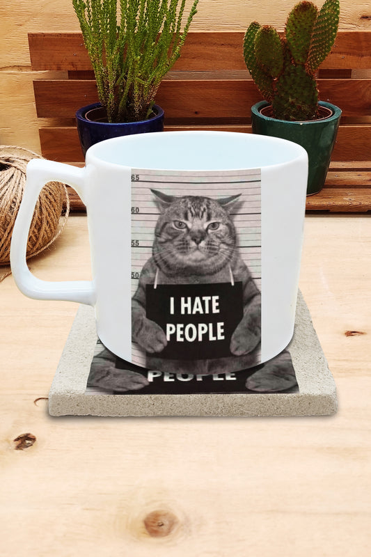 Kediler ve Sloganlar – I Hate People Yelken Kulplu Kupa ve Bardak Altlığı Seti – görsel 2