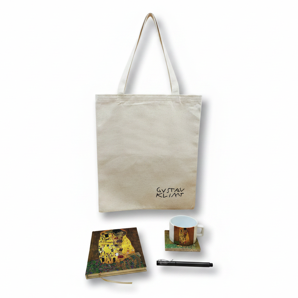 Klimt – Öpücük (The Kiss) Fincan, Bardak Altlığı, Defter, Kalem ve Kanvas Çanta Seti
