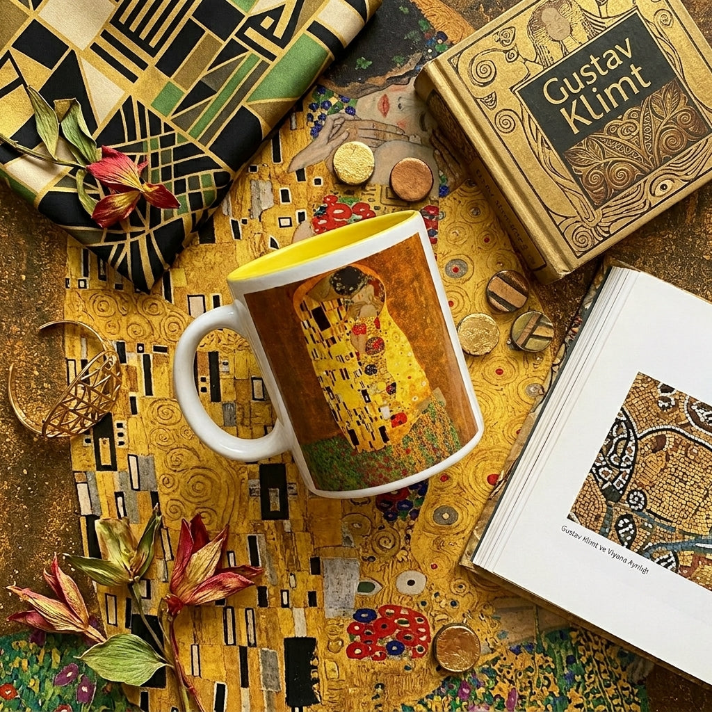 Klimt – Öpücük (The Kiss) İçi Sarı Seramik Kupa – görsel 2