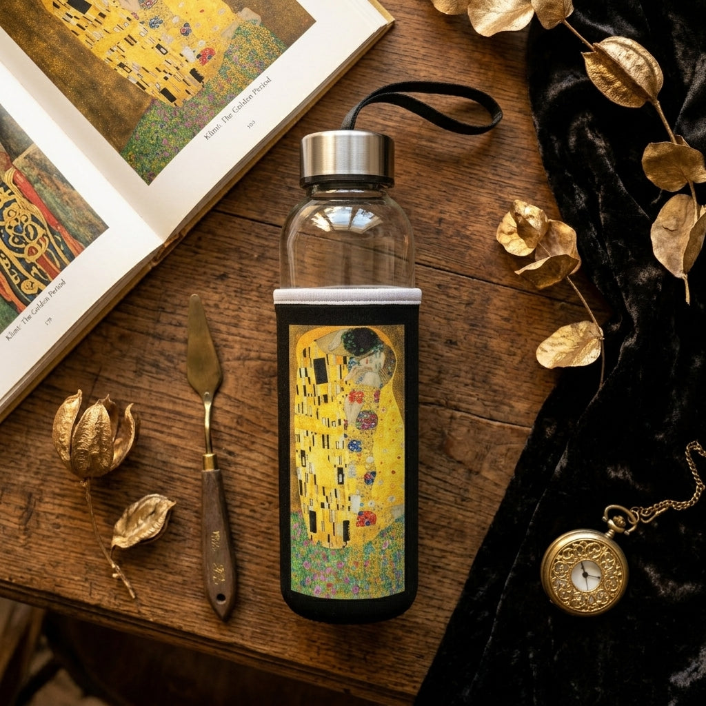 Klimt – Öpücük (The Kiss) Kılıflı Cam Matara 500 ml – görsel 4