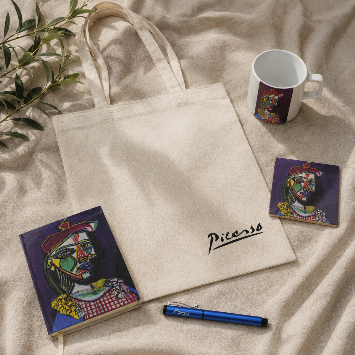 Picasso – Kırmızı Bereli Kız (Girl with a Red Beret) Fincan, Bardak Altlığı, Defter, Kalem ve Kanvas Çanta Seti – görsel 2