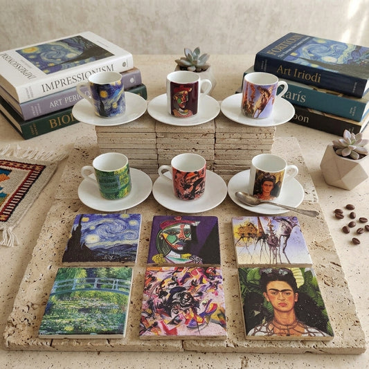 Sanatçılar Serisi – 6'lı Türk Kahvesi Fincanı ve Bardak Altlığı Seti (Dali, Van Gogh, Picasso, Kandinsky, Frida Kahlo, Monet) – görsel 2