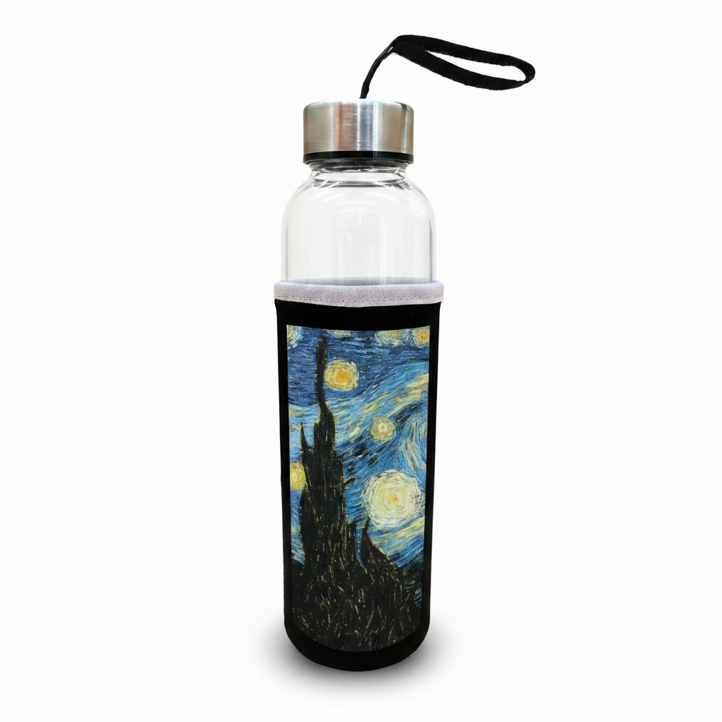 Van Gogh – Yıldızlı Gece (The Starry Night) Kılıflı Cam Matara 500 ml – görsel 2