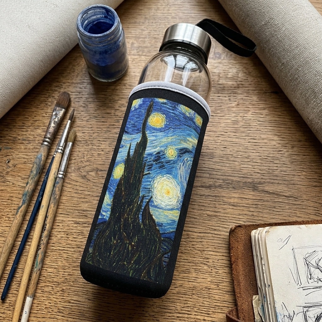 Van Gogh – Yıldızlı Gece (The Starry Night) Kılıflı Cam Matara 500 ml – görsel 3