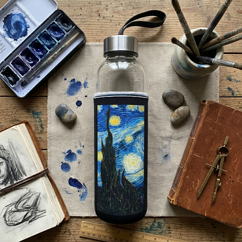 Van Gogh – Yıldızlı Gece (The Starry Night) Kılıflı Cam Matara 500 ml – görsel 4