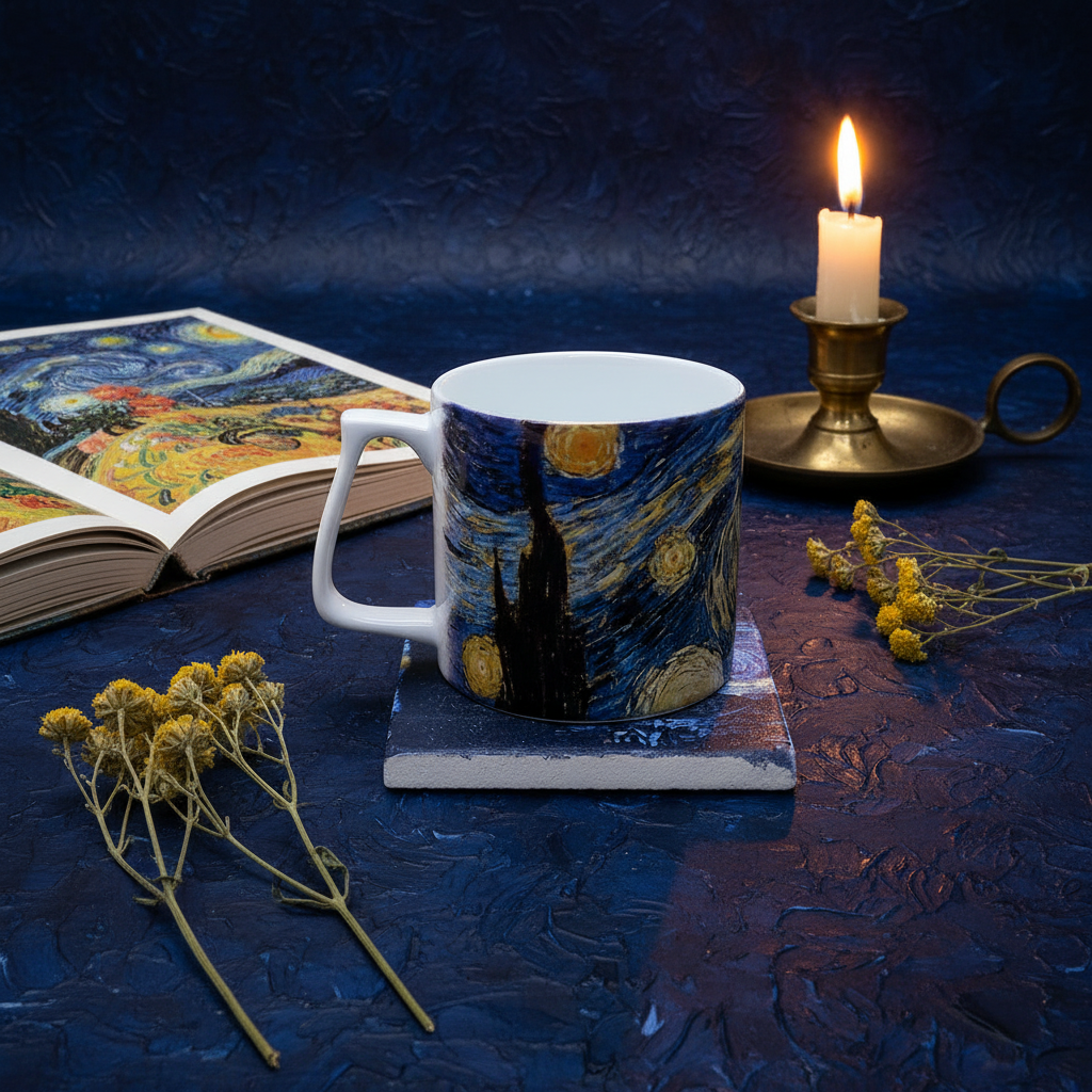 Van Gogh – Yıldızlı Gece (The Starry Night) Yelken Kulplu Kupa ve Bardak Altlığı Seti – görsel 3