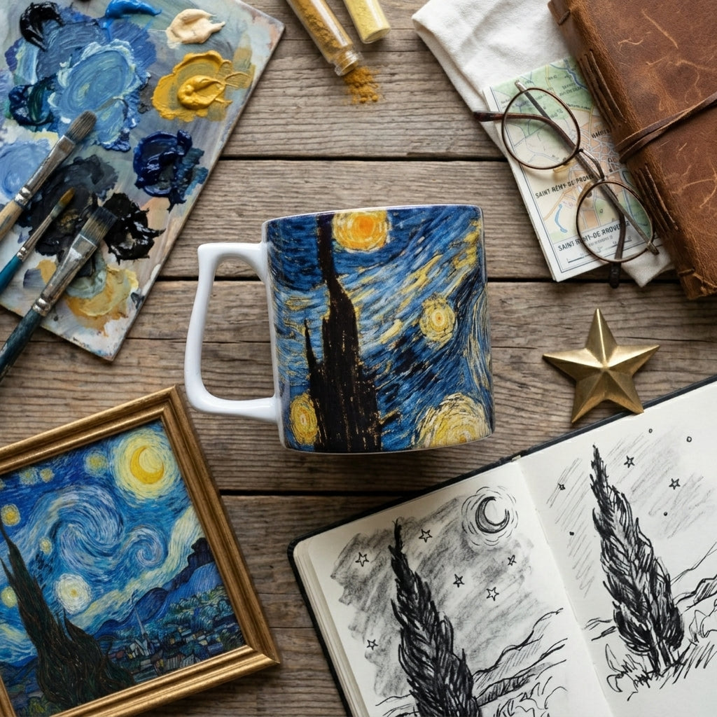 Van Gogh – Yıldızlı Gece (The Starry Night) Yelken Kulplu Seramik Kupa – görsel 2