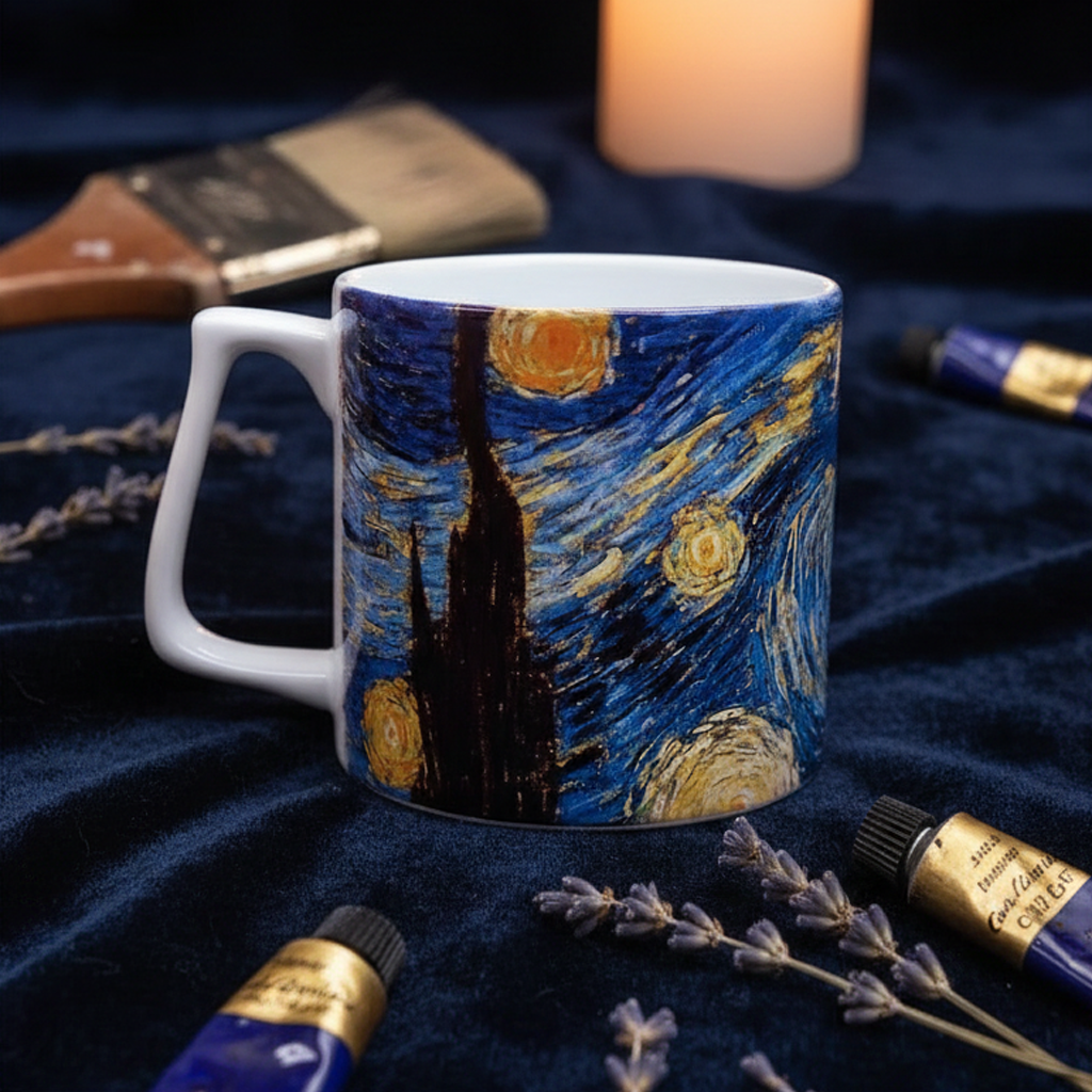 Van Gogh – Yıldızlı Gece (The Starry Night) Yelken Kulplu Seramik Kupa – görsel 3