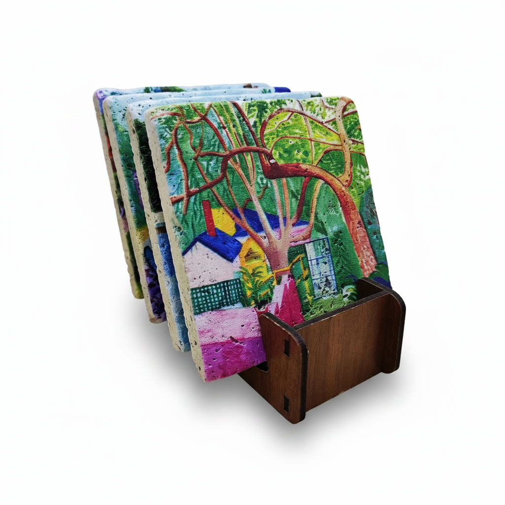 David Hockney – Doğal Taş Bardak Altlığı 4'lü Set