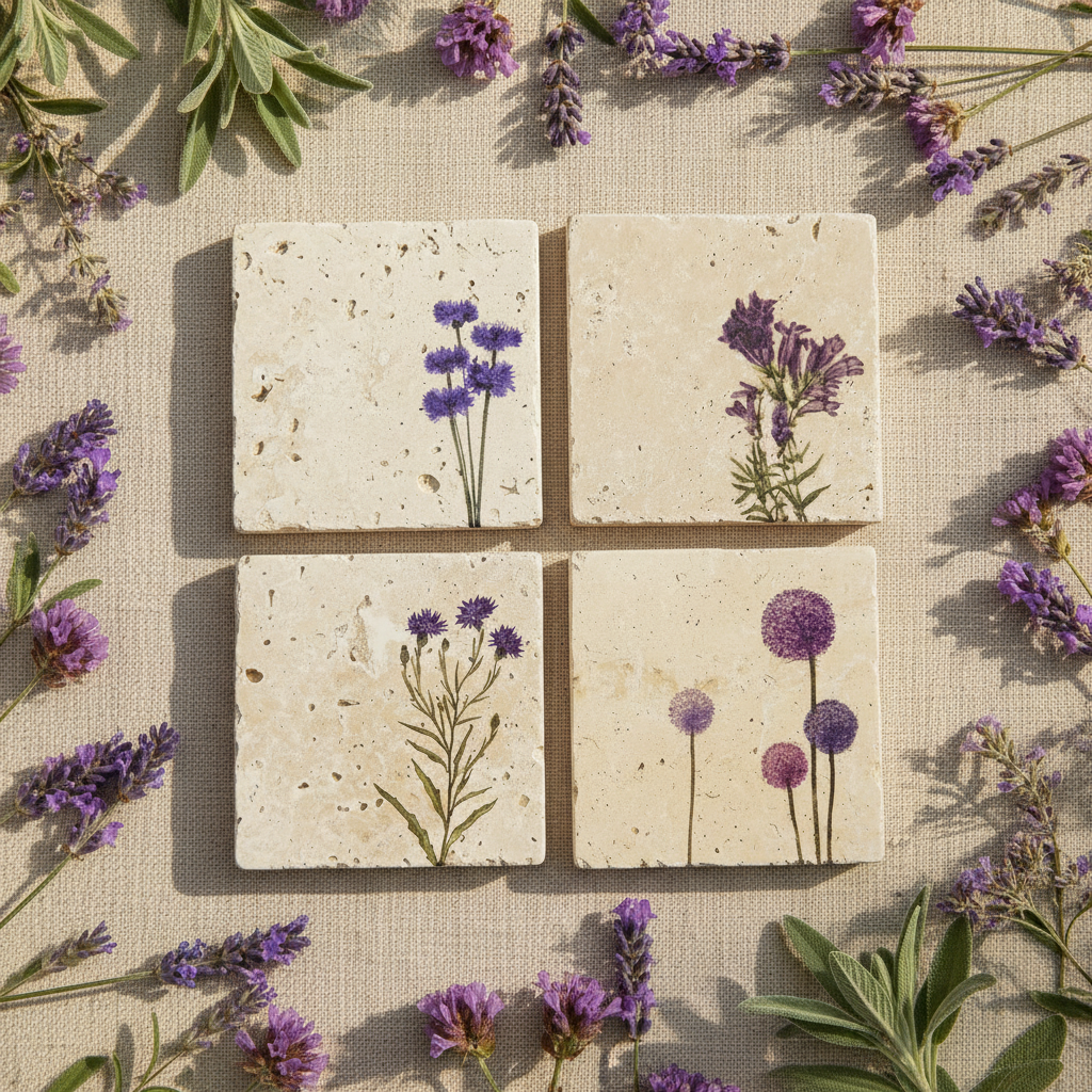 Floral – Doğal Taş Bardak Altlığı 4'lü Set